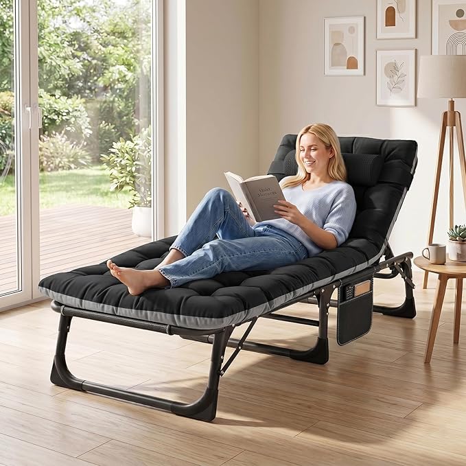 ABORON 3-in-1 Folding Lounge Chair with Padded Cushion, 440LB Heavy-Duty 3-Fold Adjustable Recliner & Guest Bed, No Assembly Portable Chaise Lounge for Patio, Poolside, Office Nap & Camping