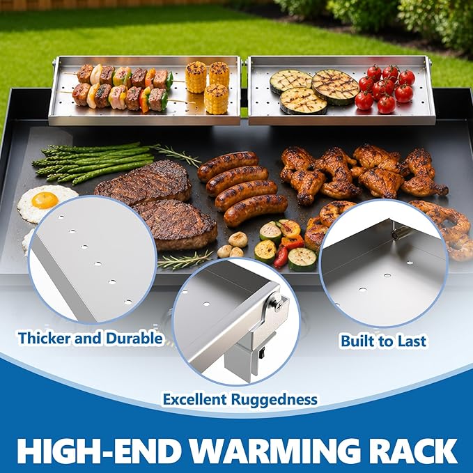 SafBbcue Griddle Warming Rack for Blackstone 36" Griddles, Reversible Warming Rack for Blackstone Flat Top Griddle Accessories to Expand Cooking Space, Universal Stainless Steel Side Shelf, 2 Pack