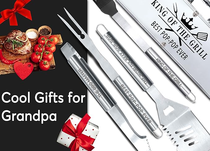 Bonsai Tree Pop Pop Gifts, Pop Gifts from Grandkids, Grill Tools for Pop Ever Present - Cool Grilling BBQ Set for Grandpa- Stainless Steel Tool Heavy Duty Set 4