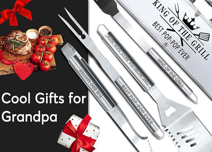 Bonsai Tree Pop Pop Gifts, Pop Gifts from Grandkids, Grill Tools for Pop Ever Present - Cool Grilling BBQ Set for Grandpa- Stainless Steel Tool Heavy Duty Set 4
