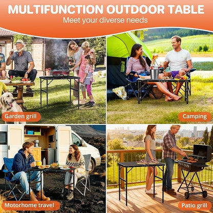 FUNYKICH Wider and Taller Grill Table 31.5''x21.6'', Max Height 29.4'' Portable Camping Tables, 2 Height Adjustable Lightweight Metal BBQ Table with Carry Handle for Camping, Picnic, BBQ, Black