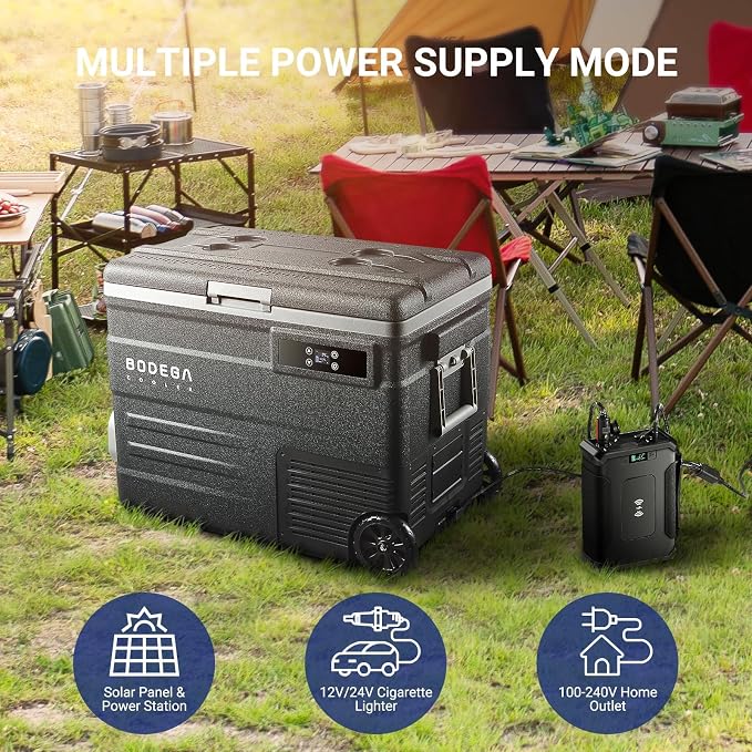 BODEGACOOLER 12 Volt Car Refrigerator,58QT(55L) Car Fridge with Wheels,RV Portable Freezer Single Zone,with APP Control,-4℉-68℉ Car Cooler,12/24V DC & 100-240V AC,for Travel,Camping,Outdoor,Vehicles