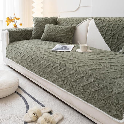 vctops Geometric Jacquard Plush Sofa Couch Covers Farmhouse Neutral Non Slip Sectional Couch Cover Soft Warm Sofa Slipcover for Dogs, Children, Pets Furniture Protector (Army Green,28"x70")