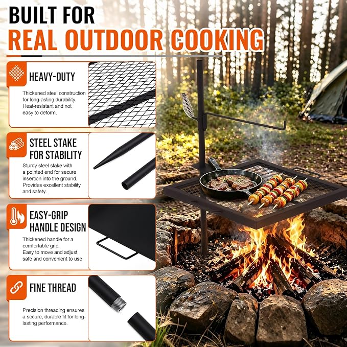 18.5"x16.4" Campfire Grill Grate, Heavy Duty Over Open Fire Cooking Grate with Adjustable Height & 360° Swivel, Portable Foldable BBQ Rack for Outdoor Camping, Tailgating & Patio