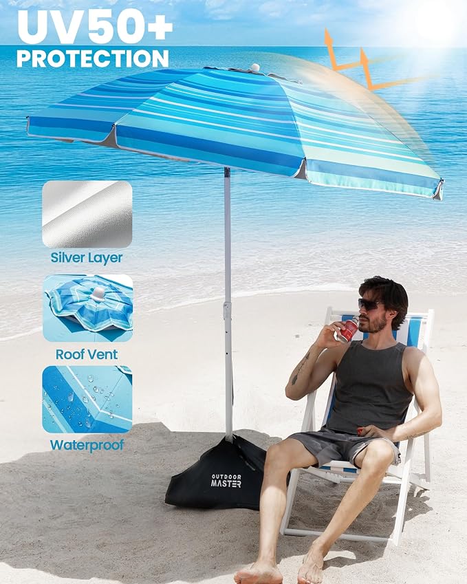 OutdoorMaster 7.2ft Beach Umbrellas for Sand with Sandbag & Anchor | 7.2ft Adjustable Umbrella for Beach, Wind Resistant, Portable UPF50+ Sunshade with Carry Bag for Patio