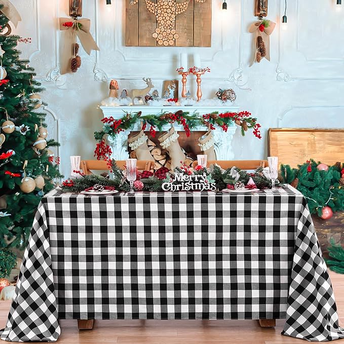 B-COOL Buffalo Plaid Tablecloth Christmas Checkered Table Cloths Party Desk Fabric for Thanksgiving Holiday Birthday Indoor Outdoor Picnic Party Table Decorations 56x84 inch Black and White