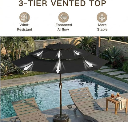Kingdura 10ft 3-Tier Patio Umbrella, Outdoor Table Umbrella with Easy Crank & Tilt, 8 Reinforced Ribs, UV Protection for Deck, Pool, Market, Backyard (Black)