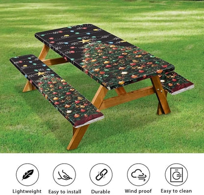 Christmas Tree Elastic Picnic Table Cover with Bench Covers Colored Lights Xmas Decoration Camping Table Cloth for Picnic Table 3 PCS Set Size S/L