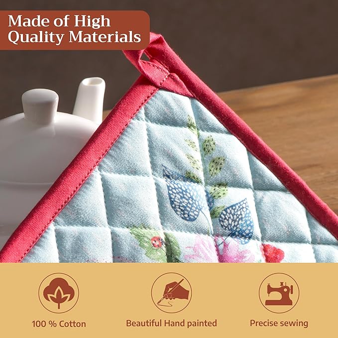 Maison d' Hermine Pot Holders 100% Cotton Heat Resistant Potholders 8" x 8" Hot Pads with Loop BBQ Baking Hotel Farmhouse Kitchen Handling Hot Pans Spring Summer (Pack of 1, Jardin D'Ete - Mint)
