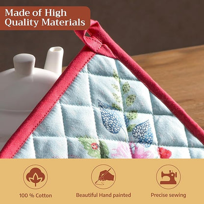 Maison d' Hermine Pot Holders 100% Cotton Heat Resistant Potholders 8" x 8" Hot Pads with Loop BBQ Baking Hotel Farmhouse Kitchen Handling Hot Pans Spring Summer (Pack of 1, Jardin D'Ete - Mint)