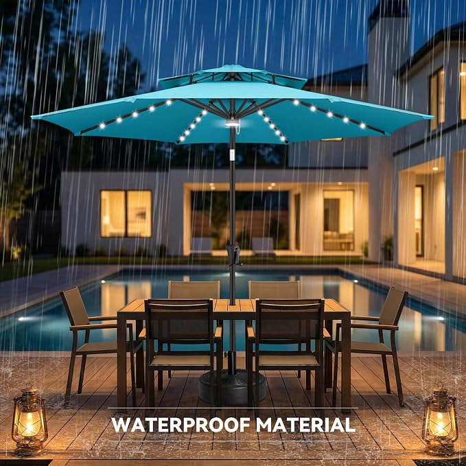 Solar Patio Umbrella Outdoor with Centre Light, 9 ft Aqua Blue | 2 Tiers, 40 LED Lights, UV Protection, Solar Outdoor Umbrella for Porch, Deck, Pool, Garden, Provides Evening Lighting