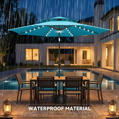 Solar Patio Umbrella Outdoor with Centre Light, 9 ft Aqua Blue | 2 Tiers, 40 LED Lights, UV Protection, Solar Outdoor Umbrella for Porch, Deck, Pool, Garden, Provides Evening Lighting