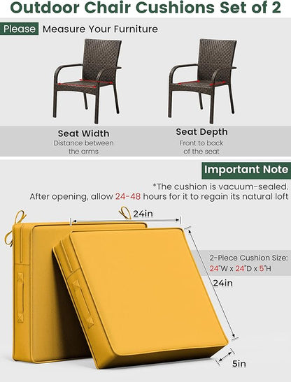 Outdoor Chair Cushion 24 x 24 x 5 Inches Patio Furniture Outdoor Waterproof Seat Cushion, Patio Chair Cushion with Handles and Ties, Square Dining Chair Cushion Set of 2, Yellow