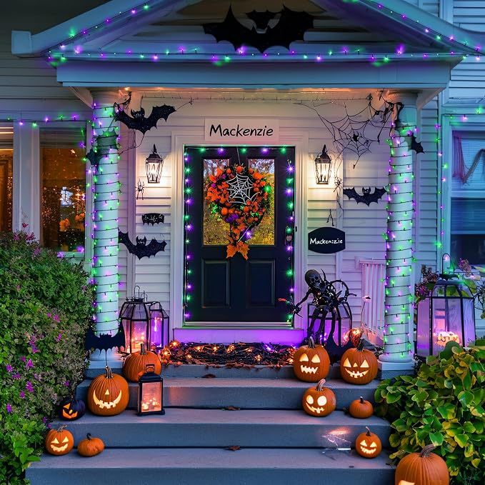 JMEXSUSS 250 LED Halloween Lights Plug in, Purple and Green String Light | Connectable, Durable, Indoor/Outdoor, Waterproof, 8 Modes, Timer, for Halloween Tree Party Garden Patio Decorations