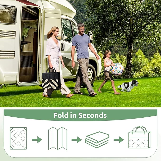 GENIMO Outdoor Rug, Waterproof Plastic Rugs 10'x14' for Camping Black Beige | Outside Larger Modern Carpet Mat for Patio Decor, RV, Porch, Camper, Deck, Picnic, Beach, Backyard, Reversible, Foldable