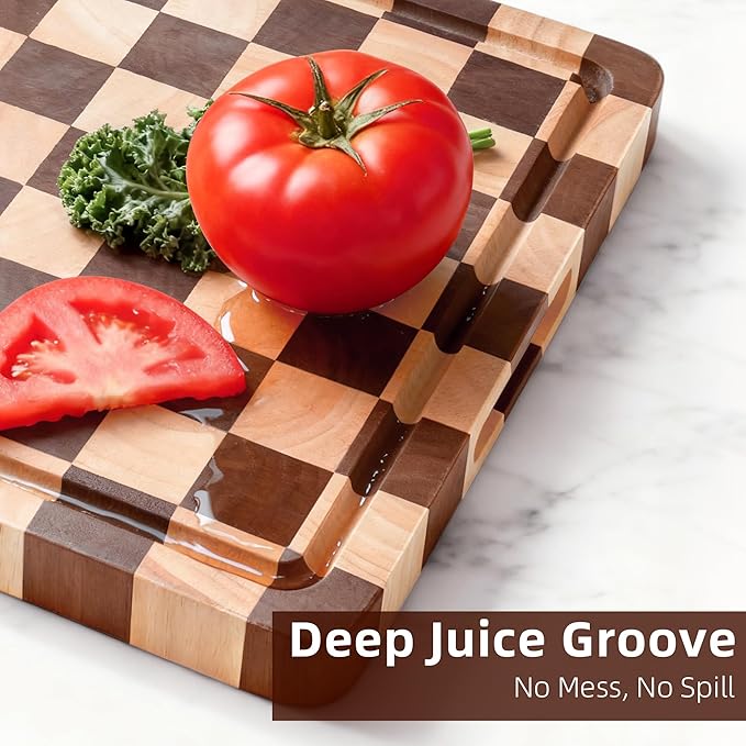 Checkered Cutting Board, Wooden Checkerboard Cutting Board for Kitchen 16 x 12 x 1", Rubber Wood Butcher Block Chopping Board with Juice Grooves & Handles for Meat, Vegetables & Cheese