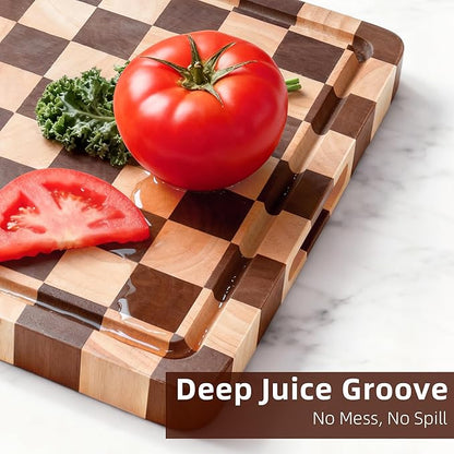 Checkered Cutting Board, Wooden Checkerboard Cutting Board for Kitchen 16 x 12 x 1", Rubber Wood Butcher Block Chopping Board with Juice Grooves & Handles for Meat, Vegetables & Cheese