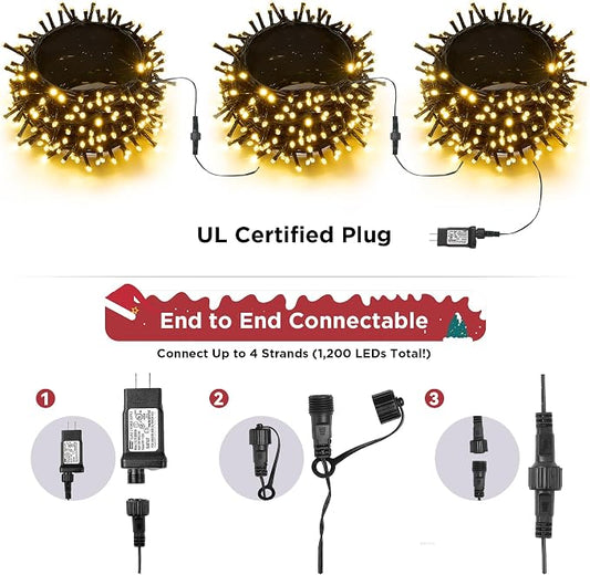 WBao Christmas Lights Indoor Outdoor 300LED 108ft, Super Bright LED Christmas String Lights with UL Certified, 8 Modes, Timer, Connectable & Waterproof for Trees, Patio, Xmas Party Decor, Warm White