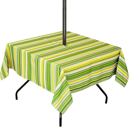 Poise3EHome Square Outdoor Tablecloth with Umbrella Hole and Zipper,Green Stripe 60x60 Inch,Polyester SpillProof Washable Table Cloth for Spring Summer Patio Garden Poolside Picnic Camping BBQS