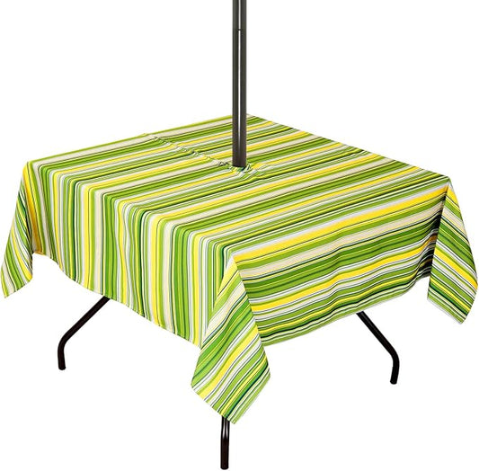 Poise3EHome Square Outdoor Tablecloth with Umbrella Hole and Zipper,Green Stripe 60x60 Inch,Polyester SpillProof Washable Table Cloth for Spring Summer Patio Garden Poolside Picnic Camping BBQS