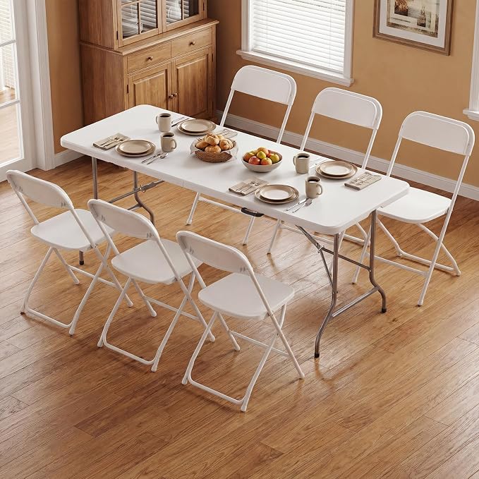 Sweetcrispy 6 FT Folding Picnic Table with 6 White Folding Chairs, Easy to Fold and Store, Foldable Table for Camping Picnic Dining Party Kitchen Outdoor Indoor with Carrying Handle