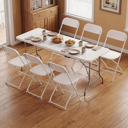 Sweetcrispy 6 FT Folding Picnic Table with 6 White Folding Chairs, Easy to Fold and Store, Foldable Table for Camping Picnic Dining Party Kitchen Outdoor Indoor with Carrying Handle