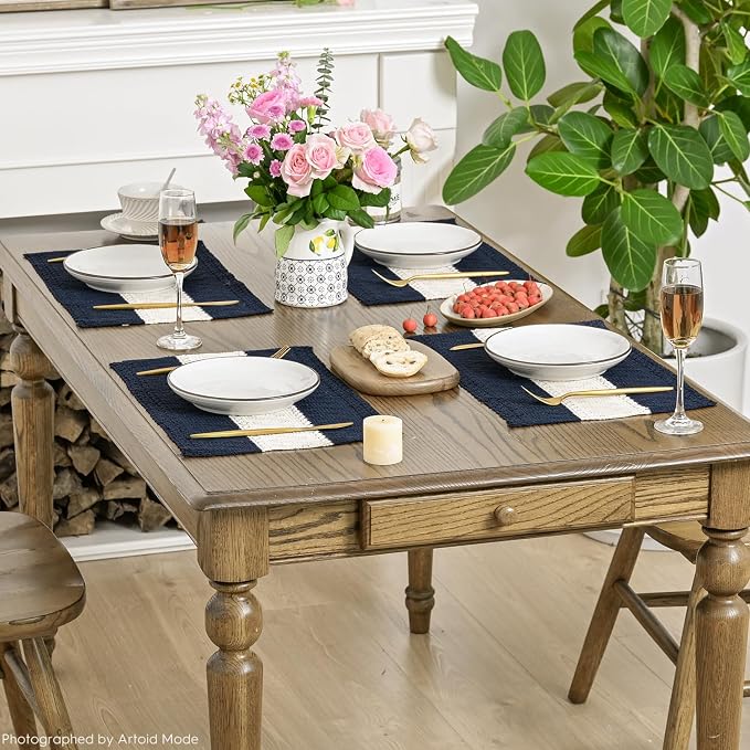 Artoid Mode Dark Blue Farmhouse Rustic Placemats Set of 6,12x18 Inch Seasonal Hollow Table Mats Party Kitchen Dining Decoration