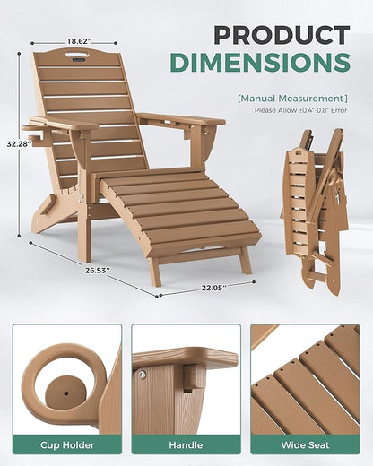 Adjustable Adirondack Chairs Set of 6 with Retractable Ottoman, HDPE Folding Adirondack Chair with Cup Holders, Weather Resistant for Backyard, Poolside & Fire Pit (Teak)