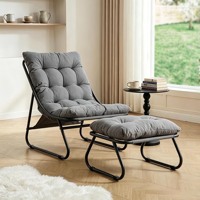 Rocking Chair with Ottoman, Modern Metal Frame Outdoor Rocker, Comfy Patio Lounge Chair with Footrest, Reading Glider Chairs for Living Room, Bedroom, Balcony, Garden, Relax, Grey
