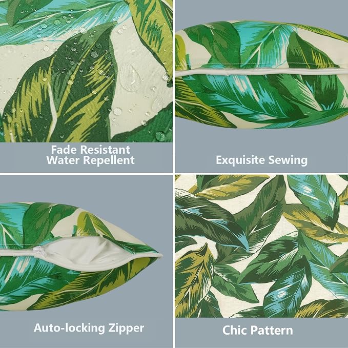 LVTXIII 2 Pack Outdoor Lumbar Pillow Covers 12x20 Inch with Piping, Water-Repellent Back Cushion Covers ONLY for Patio Furniture, Sofa, Garden Bench, Lush Leaf Jungle