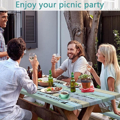 Wooden Camping Rules Picnic Table Cover with Bench Covers and Bag, Waterproof Windproof, Fitted Tablecloth Cover with Elastic Edge, for Indoor & Outdoor, Garden, Camping, 3 Pieces Set, 30x72 Inch