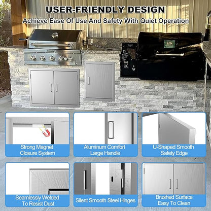 BBQ Access Door 28" W x 19" H-304 Stainless Steel Never Rust-Double Layer-Outdoor Kitchen Doors-Outside Cabinet Door-Weatherproof Grill Doors-Flush Mount BBQ IslandDoor-MetalDoor for Outdoor Kitchen