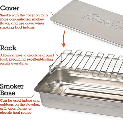 Camerons Indoor Outdoor Stovetop Smoker - Stainless Steel Barbecue Smoker Box w/Oak Wood Chips & Recipes - Works On Any Stovetop or BBQ Grill for Smoking Meats - Grilling Gift for Father's Day