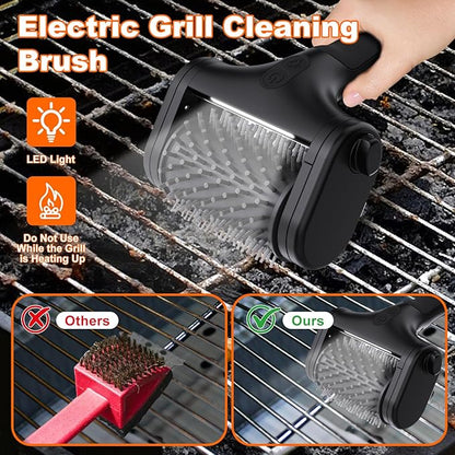 2-in-1 Upgraded Electric Grill Brush and Polisher – 1000 RPM High-Torque Motor, 2600mAh Battery, LED Light – Bristle-Free BBQ Cleaner for Gas, Charcoal & Pellet Grills (Black)