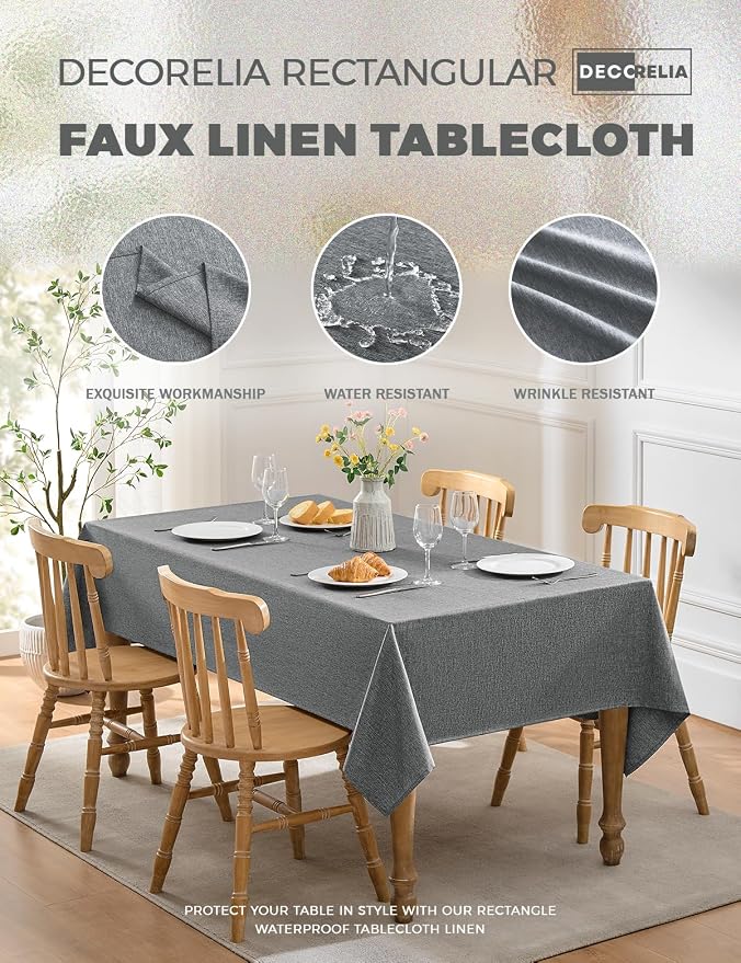 Decorelia Faux Linen Farmhouse Table Cloth 60"x104" for 6 ft Rectangle Table, Dark Grey Waterproof Outdoor Washable Cloth Tablecloth for Rectangular Dining Room Kitchen Outdoor Party Restaurant Table