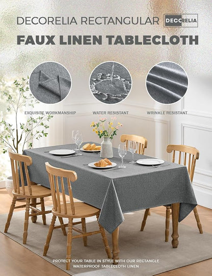 Decorelia Faux Linen Farmhouse Table Cloth 60"x104" for 6 ft Rectangle Table, Dark Grey Waterproof Outdoor Washable Cloth Tablecloth for Rectangular Dining Room Kitchen Outdoor Party Restaurant Table