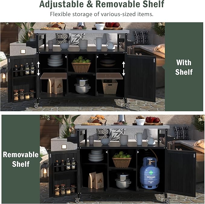 Merax 50" Outdoor Kitchen Grill Cart Island on Wheels with Stainless Steel Top,Farmhouse Style Solid Wood Frame Storage Cabinet for Party