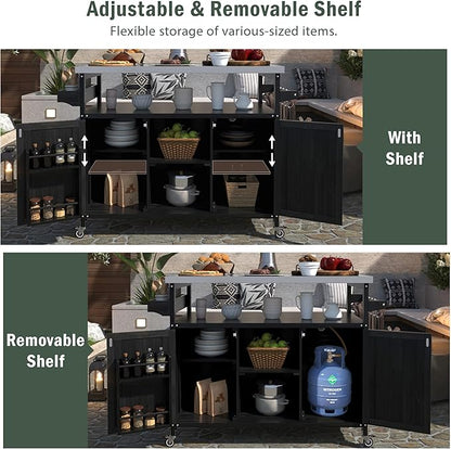 Merax 50" Outdoor Kitchen Grill Cart Island on Wheels with Stainless Steel Top,Farmhouse Style Solid Wood Frame Storage Cabinet for Party