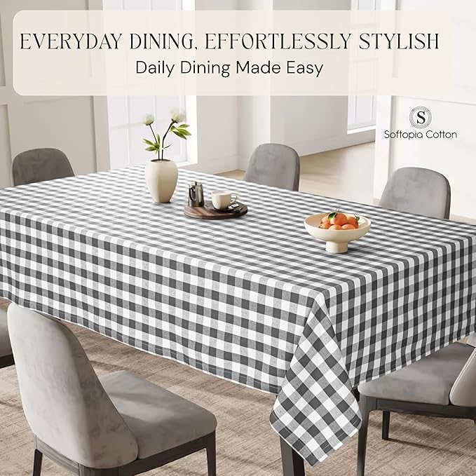 Gingham Buffalo Check 60"x84" Tablecloth 100% Cotton Washable Rustic Rectangle Table Cover Decorative for Gifts, Dining, BBQ, Buffet Parties & Camping - Grey