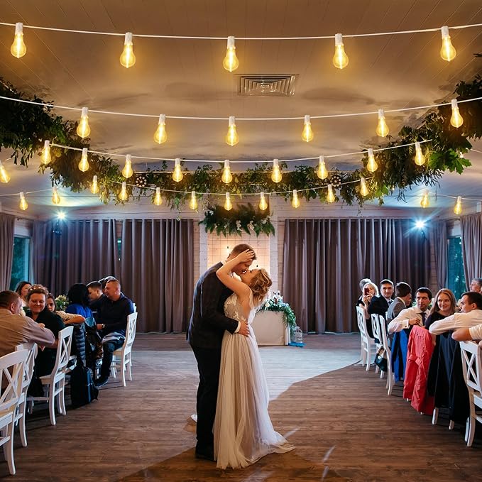 Larkvue 100FT Outdoor String Lights, LED Patio Lights with 32 Waterproof Shatterproof Dimmable A39 Hanging Bulbs(2 Spare) for Garden Wedding-White