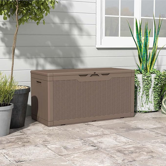 Patiowell 100 Gallon Resin Deck Box, Waterproof Large Outdoor Storage Box for Patio Furniture and Garden Tools, Dark Brown