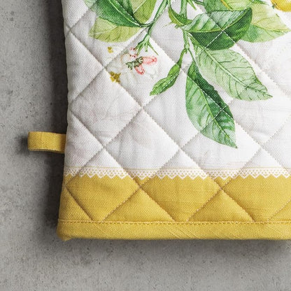Maison d' Hermine 100% Cotton Oven Mitt & Pot Holder Set (7.5"x13" & 8"x8") | Heat Resistant BBQ Cooking Gloves with Loop Baking Grilling Kitchen Hotel Home Farmhouse Spring Summer - Limoncello