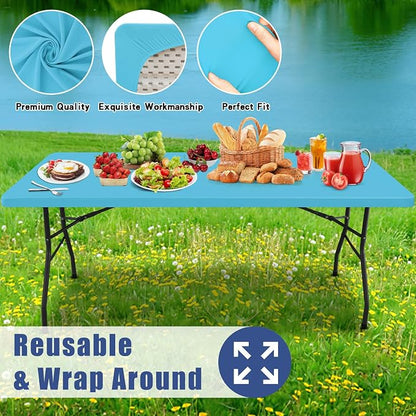 Moosfor Spandex 8 Foot Rectangle Table Cloth, Elastic Fitted Tablecloths for Picnic, Stretch Washable Patio Table Cover for Outdoor, Camping, Banquet and Parties (Blue Mist, 30"x96")