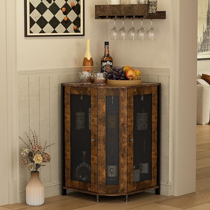 JKsmart 3-Tier Corner Bar Cabinet, Liquor Cabinet with Open Shelf & Door | Space-Saving Corner Design, Home Bar Display for Wine, Liquor & Coffee, Rustic Brown Wine Cabinet for Kitchen and Dining Room