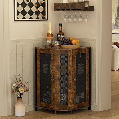 JKsmart 3-Tier Corner Bar Cabinet, Liquor Cabinet with Open Shelf & Door | Space-Saving Corner Design, Home Bar Display for Wine, Liquor & Coffee, Rustic Brown Wine Cabinet for Kitchen and Dining Room