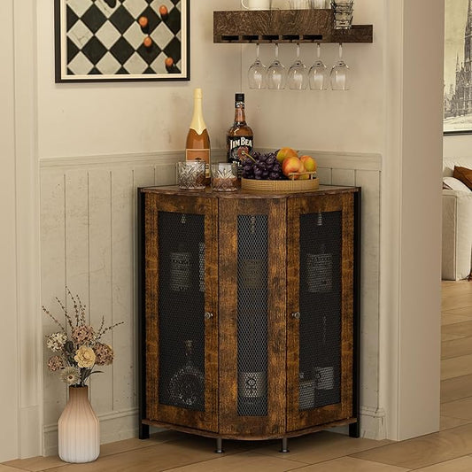 JKsmart 3-Tier Corner Bar Cabinet, Liquor Cabinet with Open Shelf & Door | Space-Saving Corner Design, Home Bar Display for Wine, Liquor & Coffee, Rustic Brown Wine Cabinet for Kitchen and Dining Room