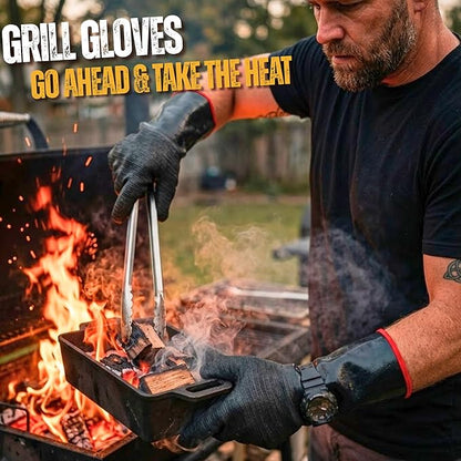 GRILL HEAT AID 932°F Heat Resistant BBQ Grill Gloves - Oil Resistant Waterproof Cooking Gloves for Deep Frying Turkey, Smoker Gloves Heat Proof for Grilling, Handling Hot Meat Rotisserie, 14" Neoprene