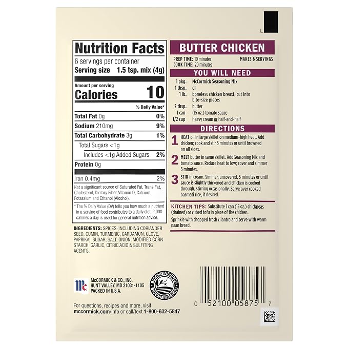 McCormick Seasoning Mix, Butter Chicken, For Aromatic Indian Butter Chicken That’s Ready in 30 Minutes, 0.87 oz (Pack of 12)