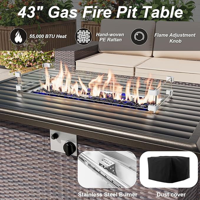 ALAULM 13 Pieces Patio Furniture Set with Propane Fire Pit Table Wicker Outdoor Sectional Sofa Sets Patio Furniture 43" Gas Fire Pit Brown PE Rattan Patio Conversation Set w/10 Cushions (Dark Blue)