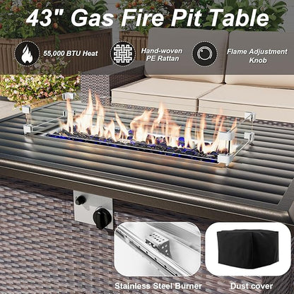ALAULM 13 Pieces Outdoor Patio Furniture Set with Propane Fire Pit Table Outdoor Sectional Sofa Sets Patio Furniture 43" Gas Fire Pit Brown PE Rattan Patio Conversation Set w/10 Cushions (Grey)